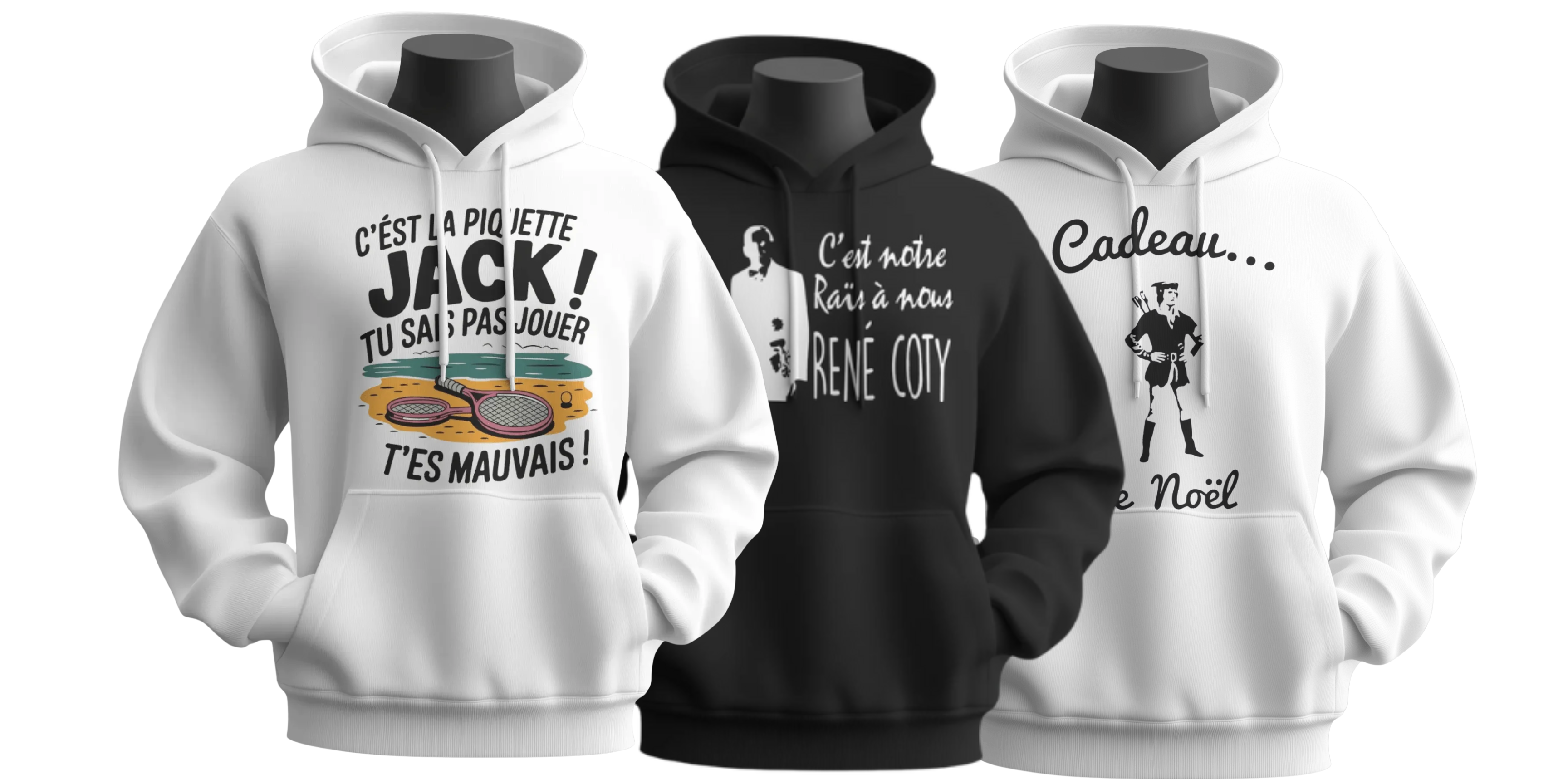 Plusieurs sweats à capuche OSS 117 regroupés, présentant différents modèles de la collection