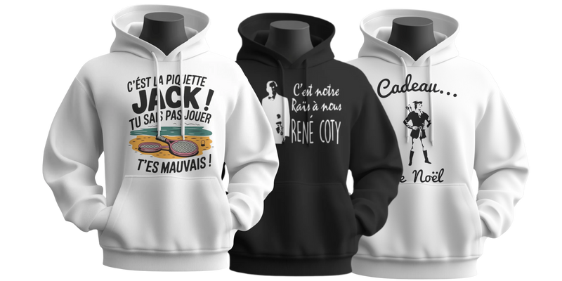 Plusieurs sweats à capuche OSS 117 regroupés, présentant différents modèles de la collection