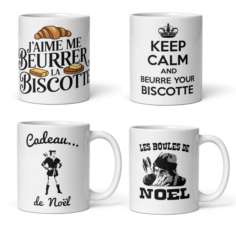 Plusieurs mugs OSS 117 regroupés, montrant divers modèles de la collection