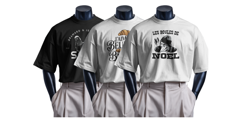 Plusieurs t-shirts OSS 117 regroupés, présentant différents modèles de la collection