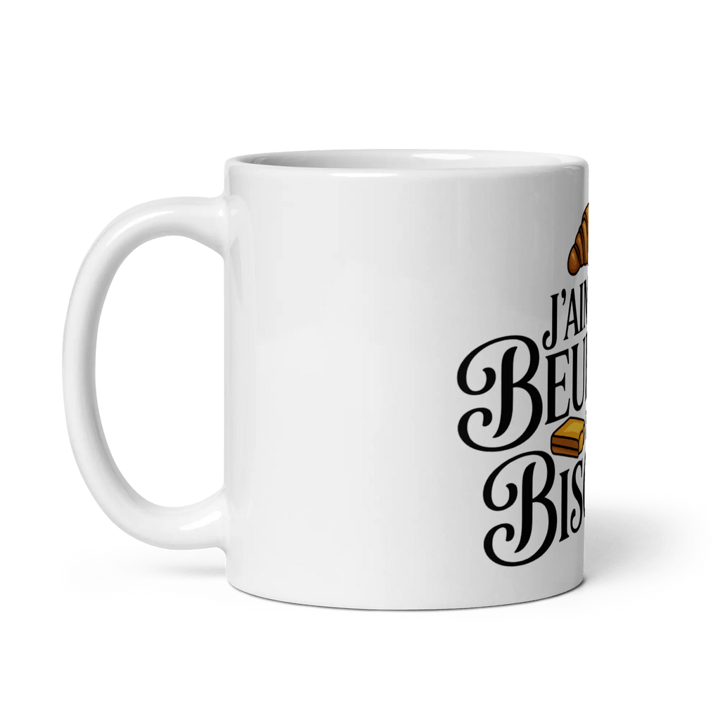 Mug MerciSidi "J'aime me beurrer la biscotte" avec design OSS 117, céramique blanche, illustration humoristique, capacité standard.
