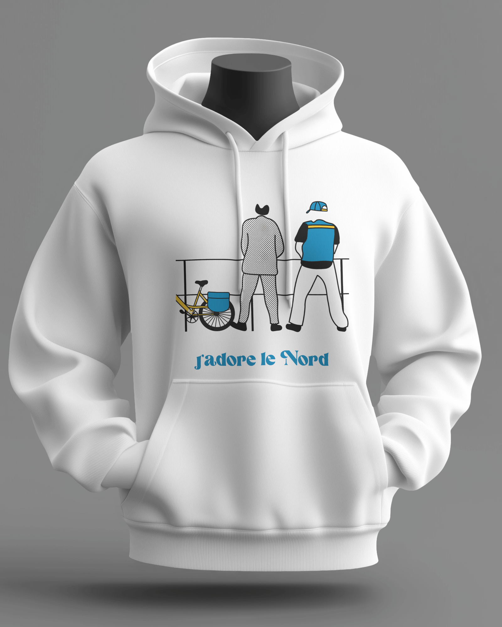 White MerciSidi hoodie featuring "J'aime le Nord" and "Bienvenue chez les ch’tis" in a casual style.