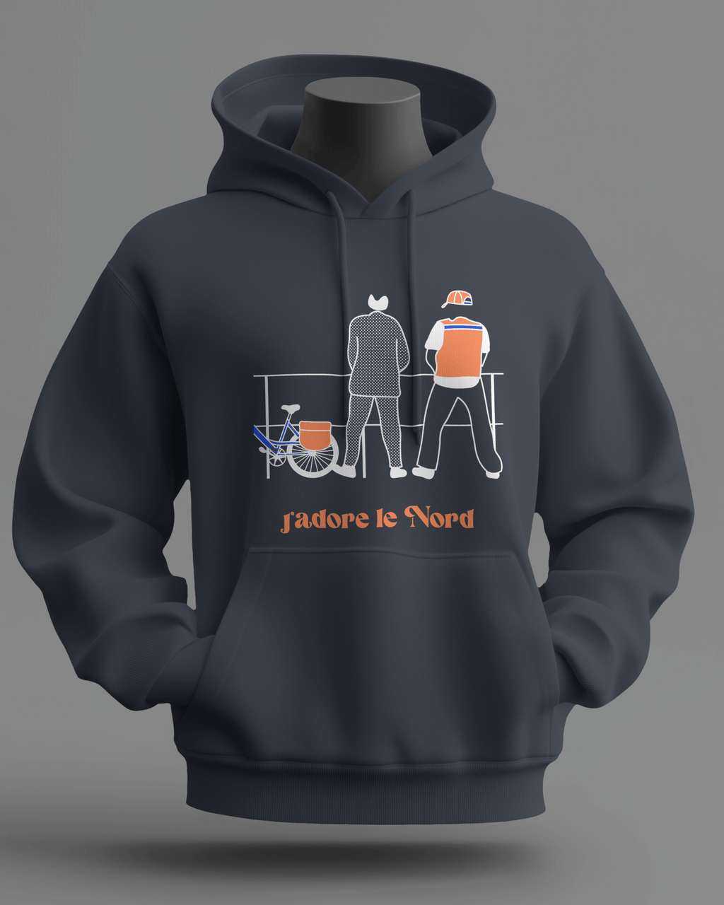 Sweat à capuche blanc MerciSidi "J'aime le Nord" avec inscription, porté, vue de face, tissu doux et confortable.