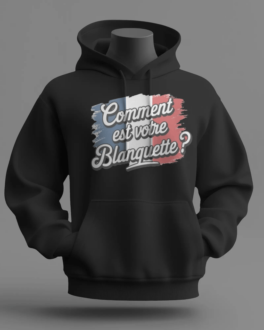 Sweat à capuche noir MerciSidi avec logo OSS 117 et texte "Comment est votre blanquette ?", vêtement casual tendance.