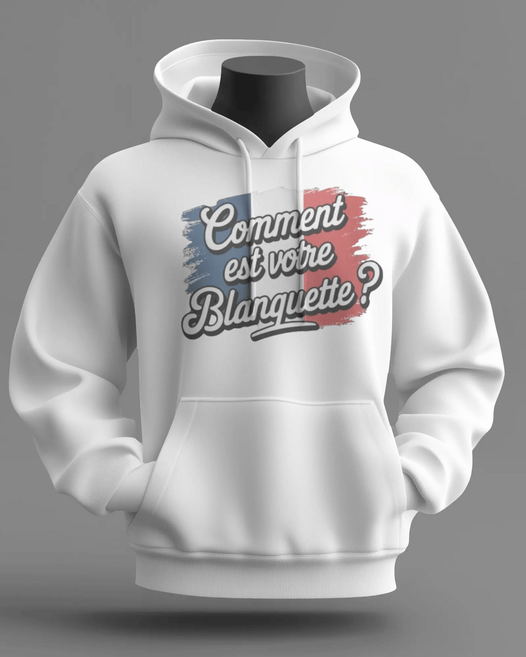 Sweat à capuche noir MerciSidi avec texte "Comment est votre blanquette ?" et logo OSS 117, tissu doux et confortable.