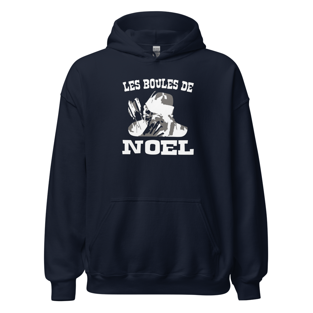 Sweat à capuche noir MerciSidi avec motif Les boules de Noël OSS 117, hoodie confortable pour femmes ou hommes.