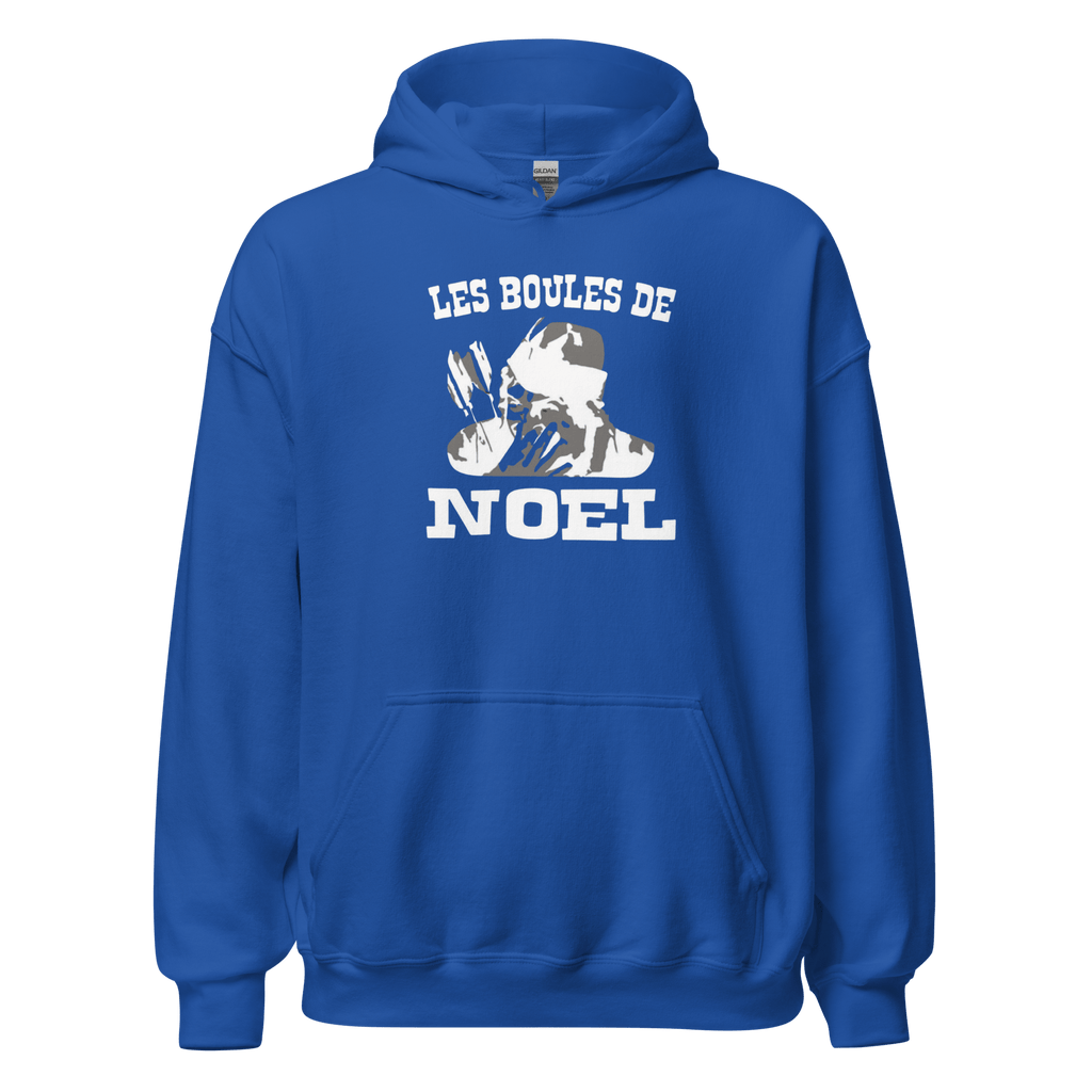 Sweat à capuche noir MerciSidi avec design "Les boules de Noël OSS 117" pour homme, style décontracté et confortable.