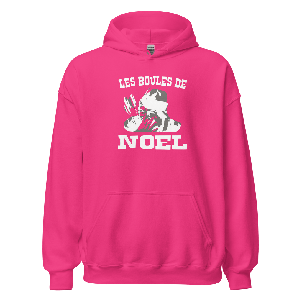 Sweat à capuche noir MerciSidi avec motif de boules de Noël OSS 117, vêtement confortable et décontracté.