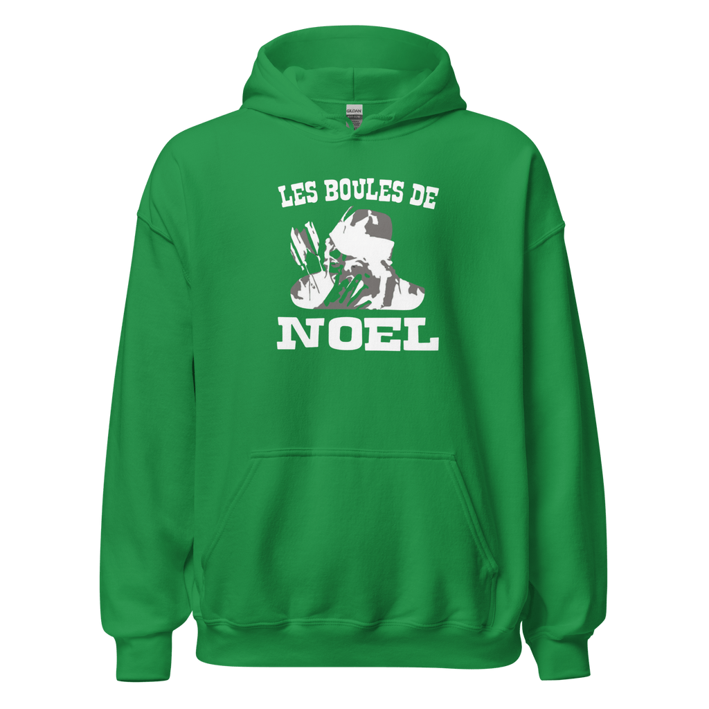 Sweat à capuche noir MerciSidi avec motif Les Boules de Noël OSS 117, hoodie confortable pour l'hiver.