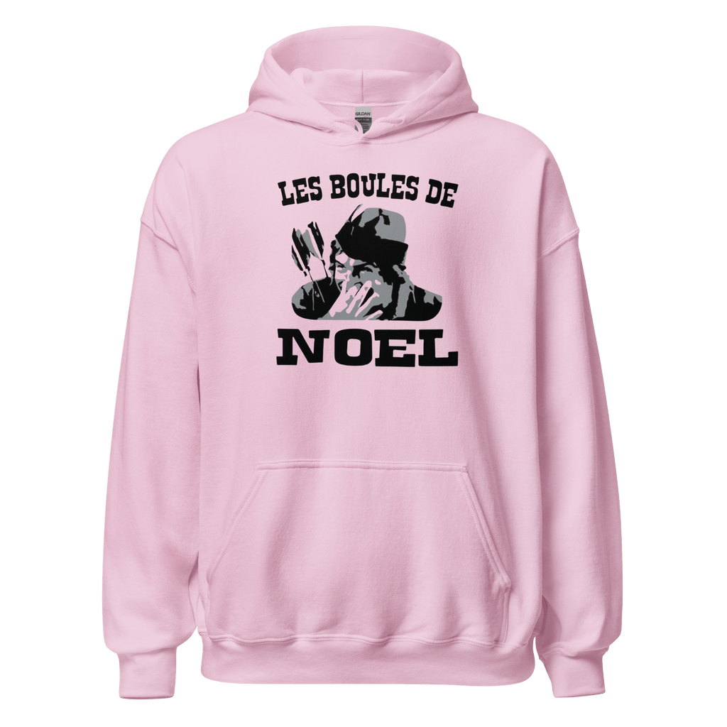 Sweat à capuche noir MerciSidi avec motif de boules de Noël OSS 117, hoodie confortable et stylé pour l'hiver.