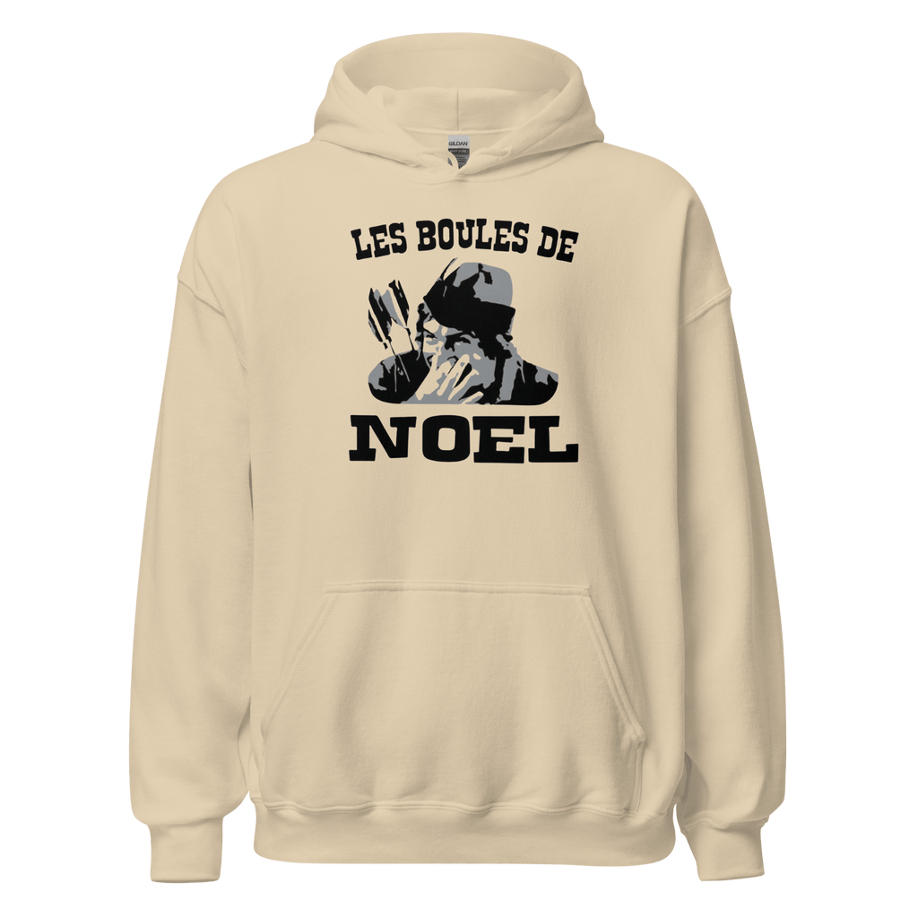 Sweat à capuche noir MerciSidi avec motif Les boules de Noël OSS 117, hoodie confortable et tendance.