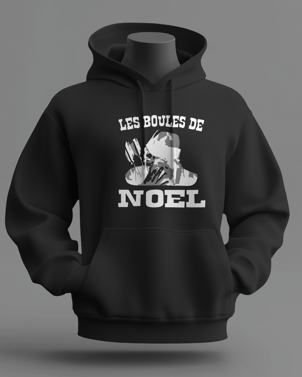 Sweat à capuche noir MerciSidi avec motif Les boules de Noël OSS 117, hoodie confortable et tendance pour femmes et hommes.
