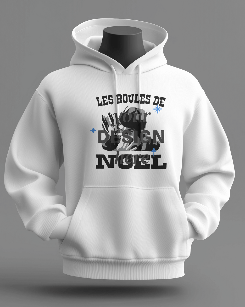 Sweat à capuche noir MerciSidi avec motif de boules de Noël OSS 117, hoodie confortable et tendance pour la saison festive.