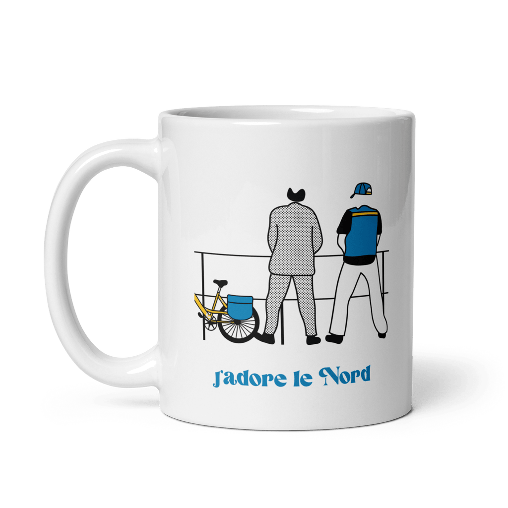 Mug MerciSidi "J'aime le Nord" avec inscription "Bienvenue chez les ch'tis" en céramique blanc.