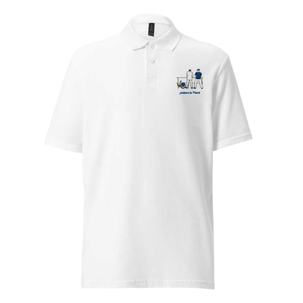 Polo blanc MerciSidi avec broderie "J'aime le Nord" et message "Bienvenue chez les ch'tis" sur la poitrine.