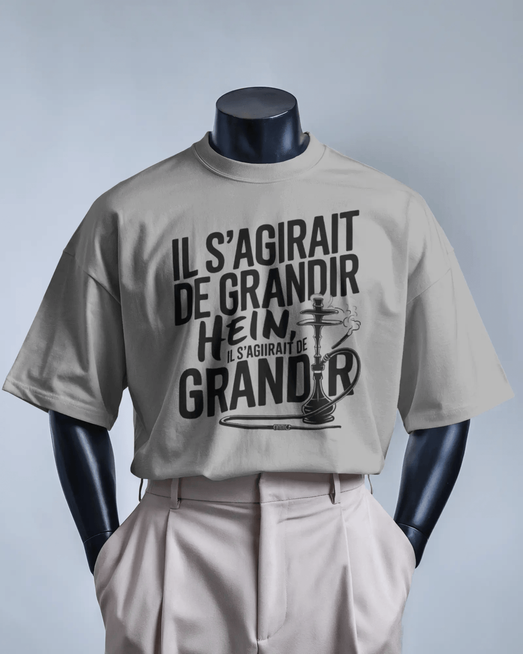 T-shirt gris MerciSidi OSS 117, design "Il s'agirait de grandir", vêtements masculins en coton, mode décontractée.