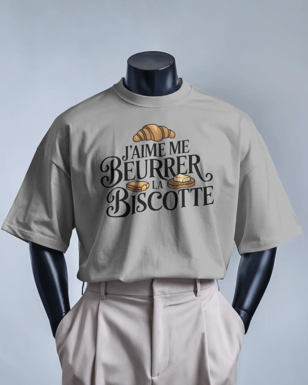 T-shirt OSS 117 – citation “J’aime me beurrer la biscotte” Argent tenu