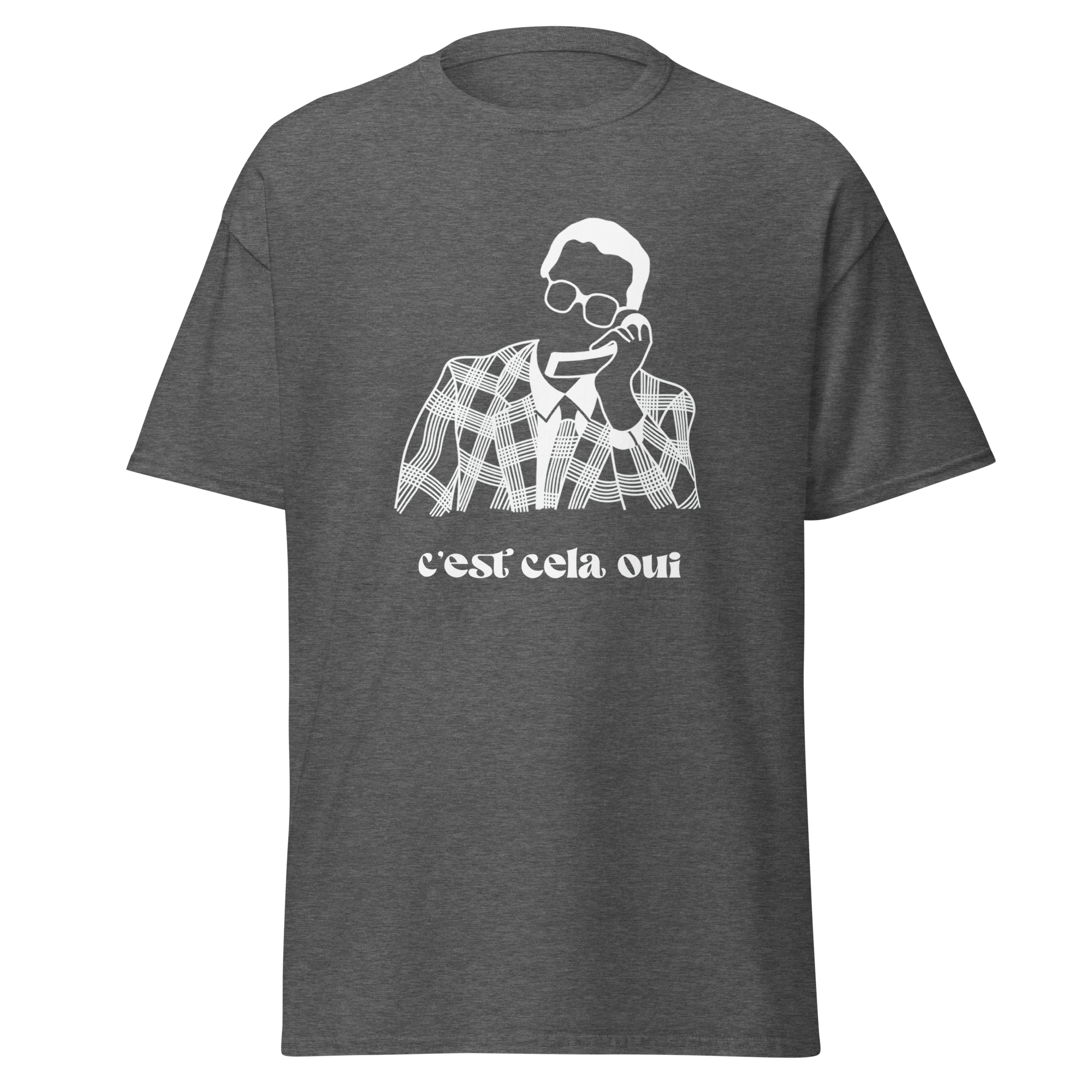 White MerciSidi T-shirt featuring "Le père Noël est une ordure" graphic print design.