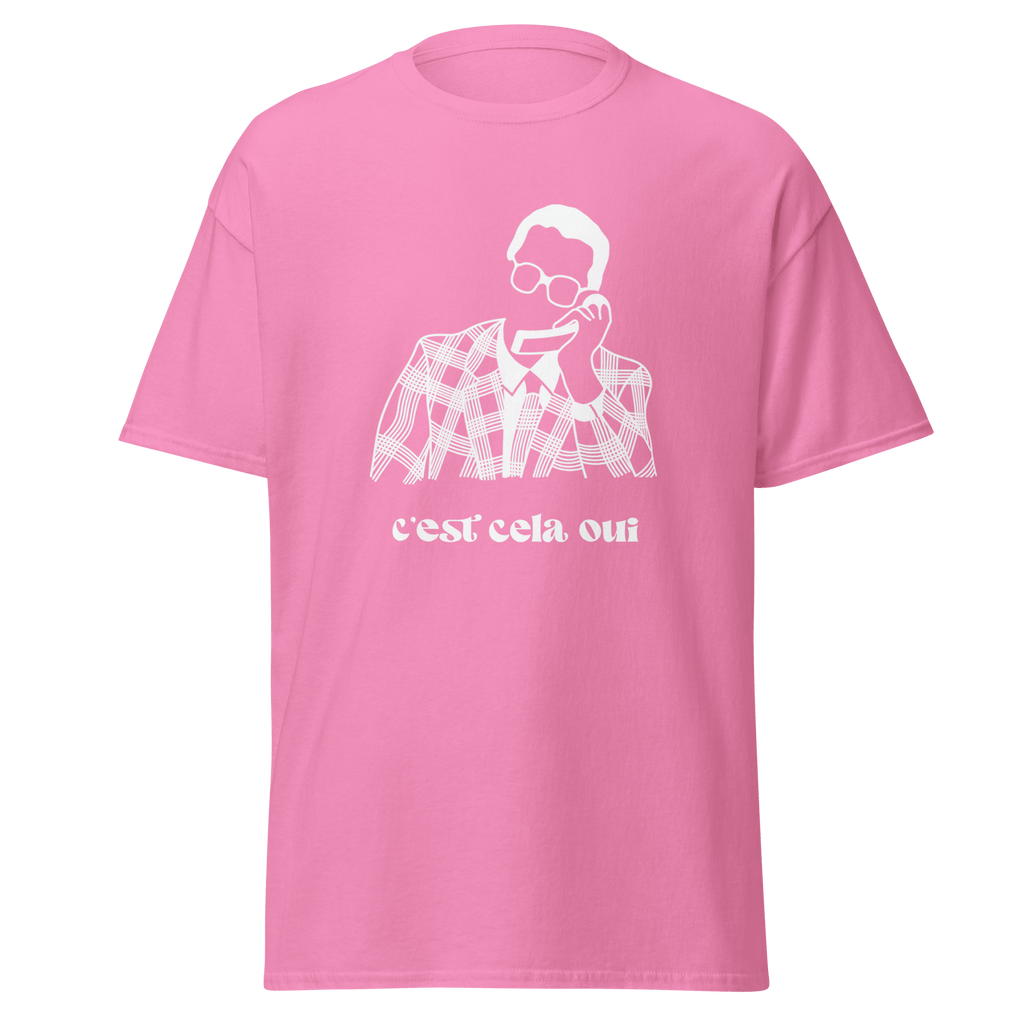 T-shirt blanc MerciSidi "Le père Noël est une ordure" avec impression graphique, porté sur mannequin.