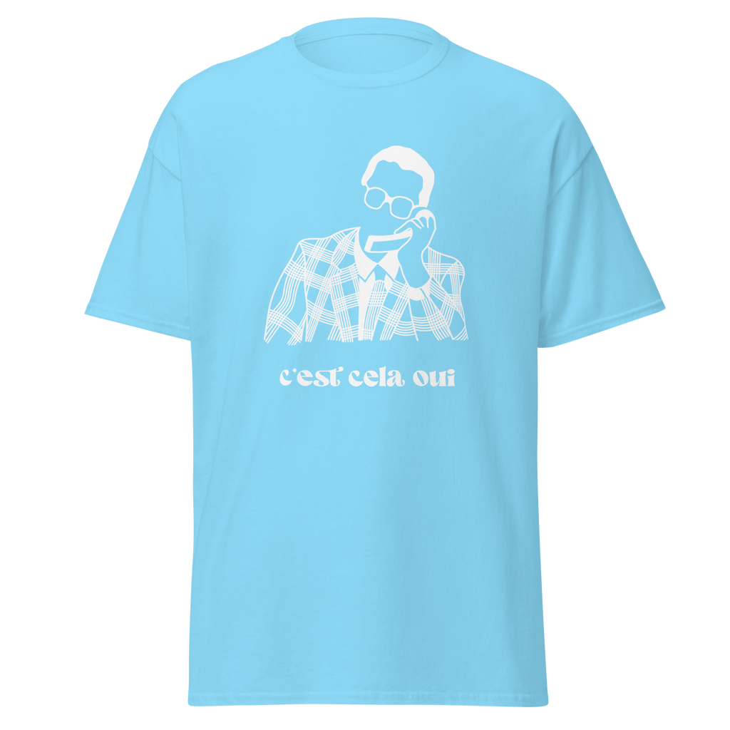 T-shirt blanc MerciSidi avec le texte "C'est cela oui... Le père Noël est une ordure" imprimé, vue frontale.