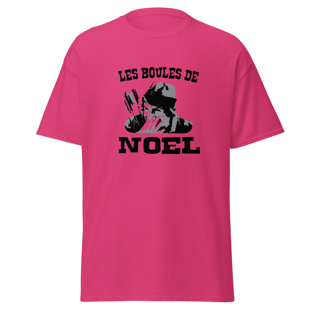 T-shirt blanc MerciSidi avec motif de boules de Noël et logo OSS 117, style décontracté pour fêtes de fin d'année.