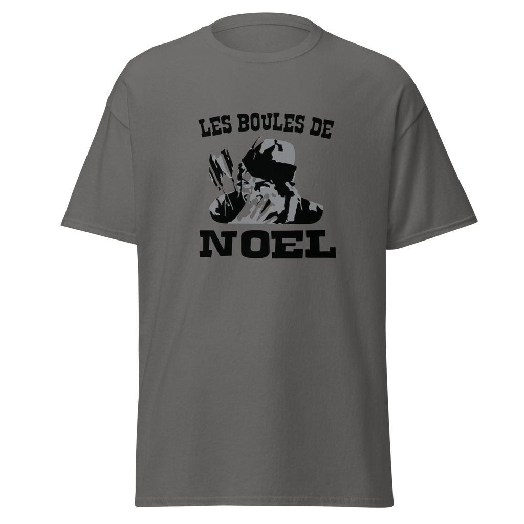 T-shirt blanc MerciSidi avec motif de boules de Noël et référence OSS 117, vêtement élégant pour fêtes de fin d'année.