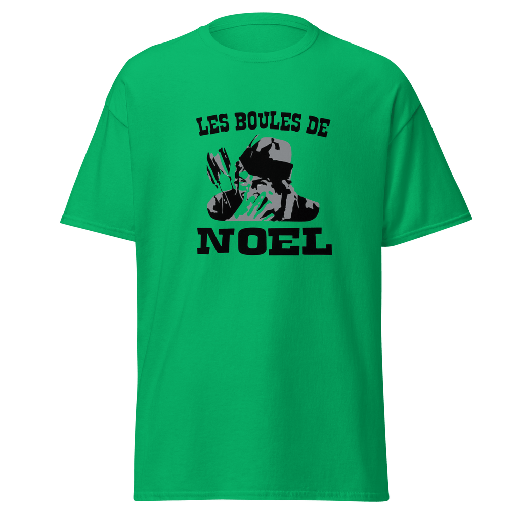 T-shirt blanc MerciSidi avec motif de boules de Noël et référence OSS 117, t-shirt décontracté pour fêtes.
