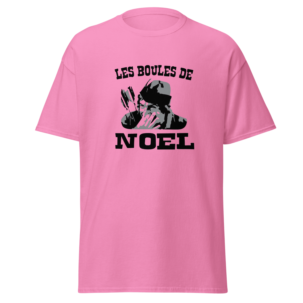 T-shirt blanc MerciSidi avec motif de boules de Noël et référence OSS 117, vêtement décontracté pour fêtes.