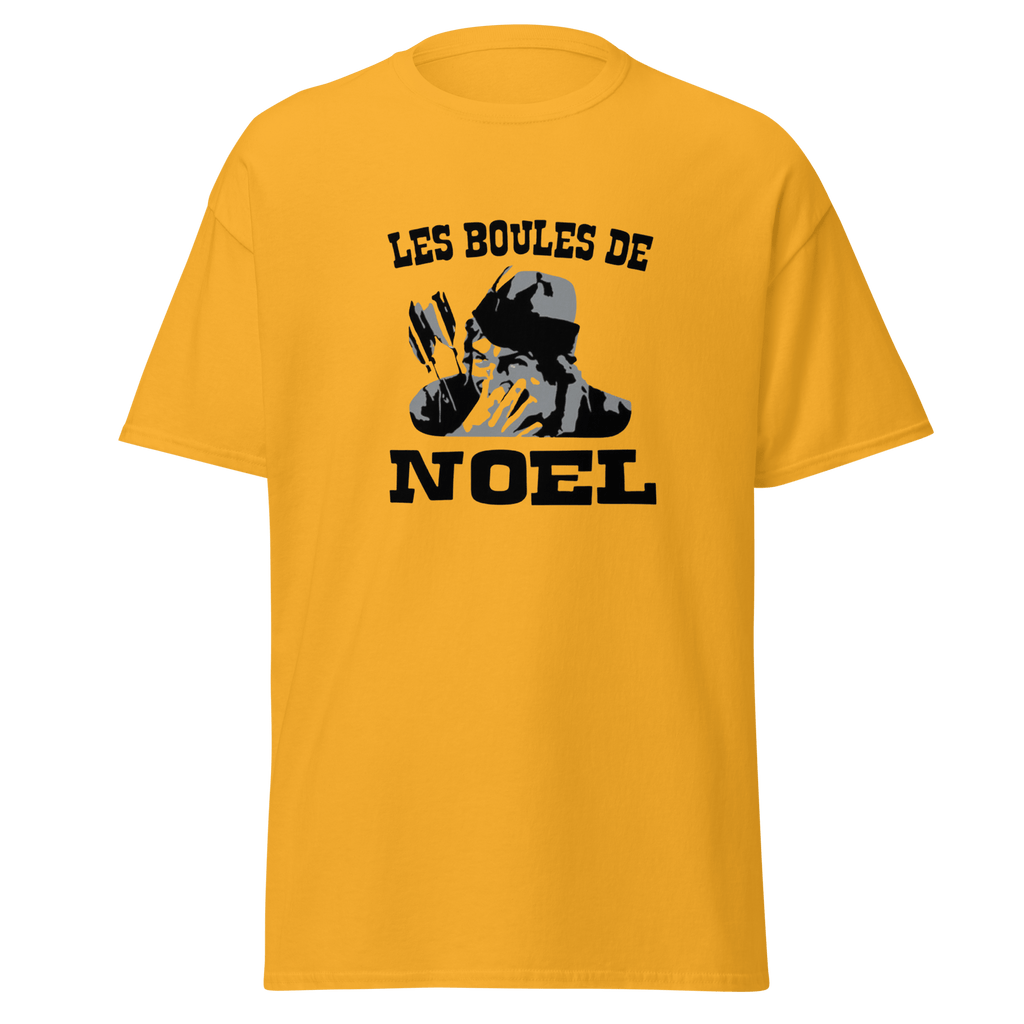 T-shirt blanc MerciSidi avec motif de Noël inspiré d'Oss 117, élégant et décontracté pour la saison festive.