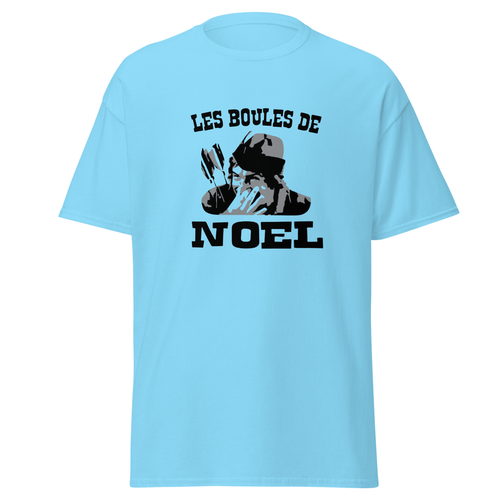 T-shirt blanc MerciSidi avec motif de boules de Noël et référence OSS 117, vêtement décontracté pour fêtes.
