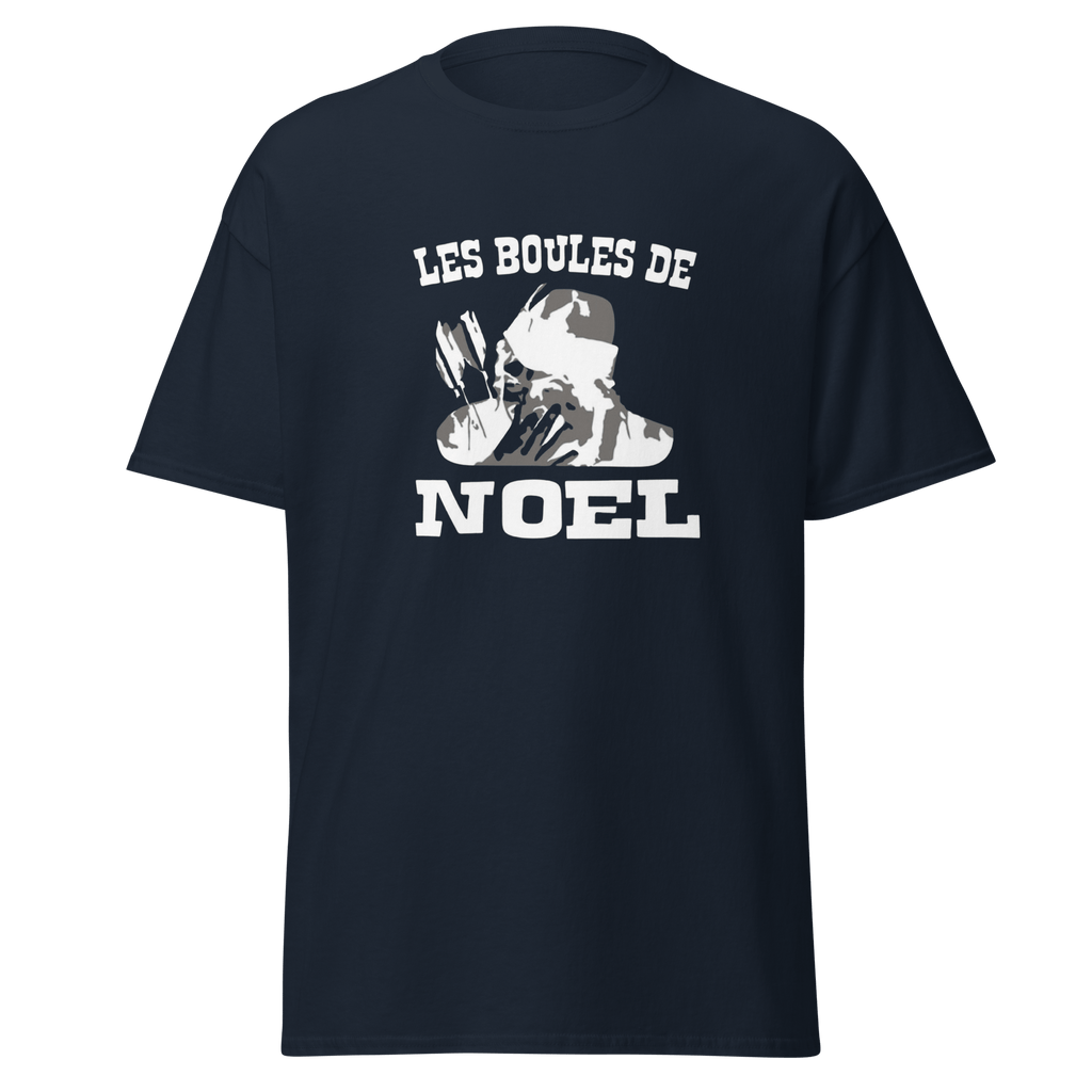 T-shirt blanc MerciSidi avec motif de boules de Noël et référence OSS 117, vêtement casual pour fêtes de fin d'année