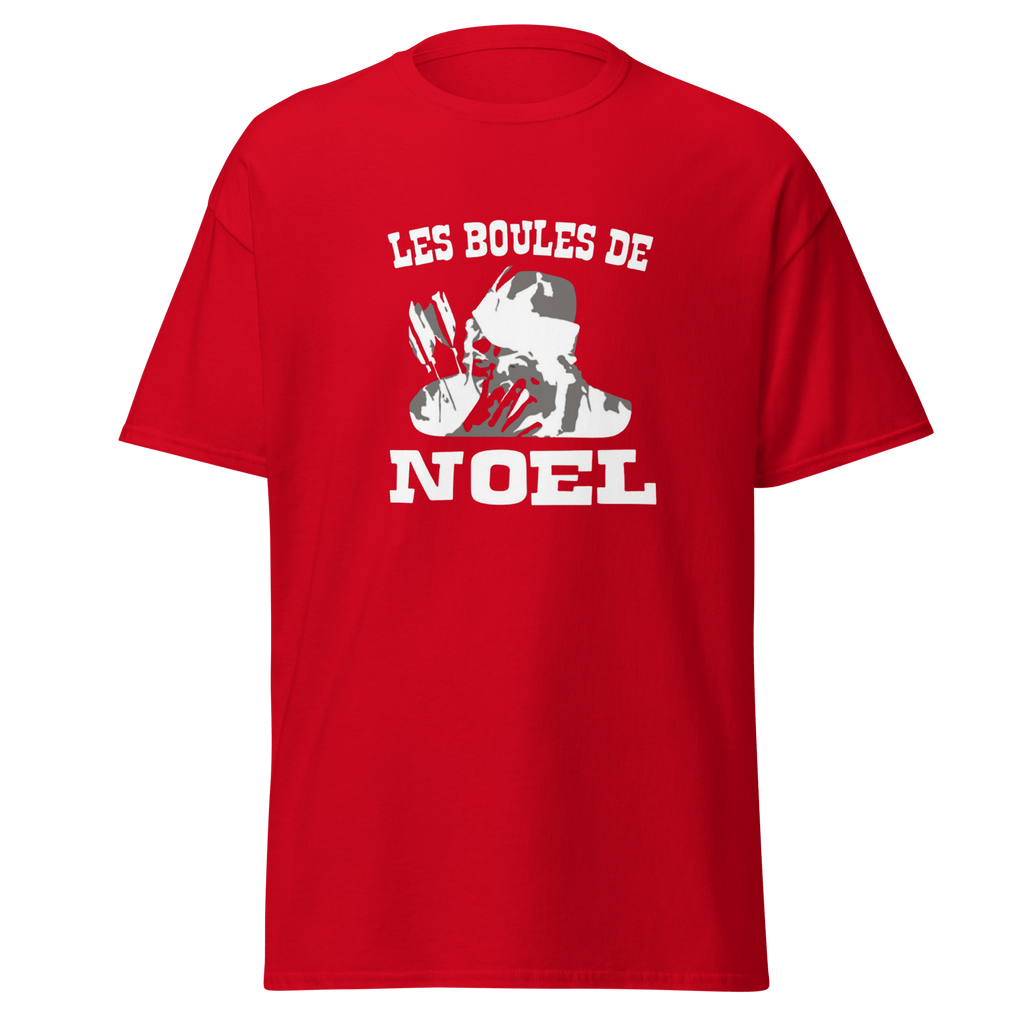 T-shirt blanc MerciSidi avec motif de boules de Noël et référence OSS 117, style décontracté pour la saison festive.