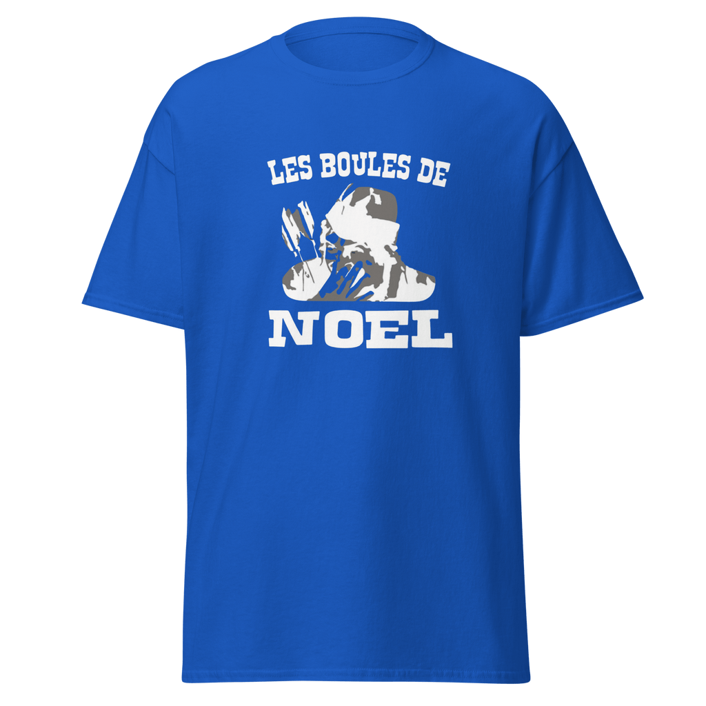 T-shirt blanc MerciSidi avec motif de boules de Noël et logo OSS 117, vêtement décontracté pour fêtes.