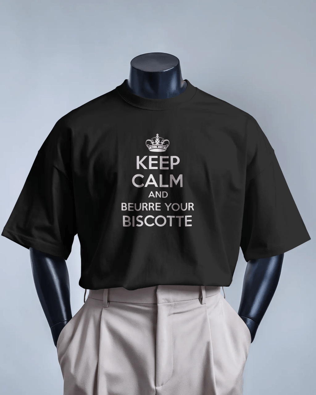 T-shirt OSS 117 – citation “Keep calm and beurre your biscotte” Noir