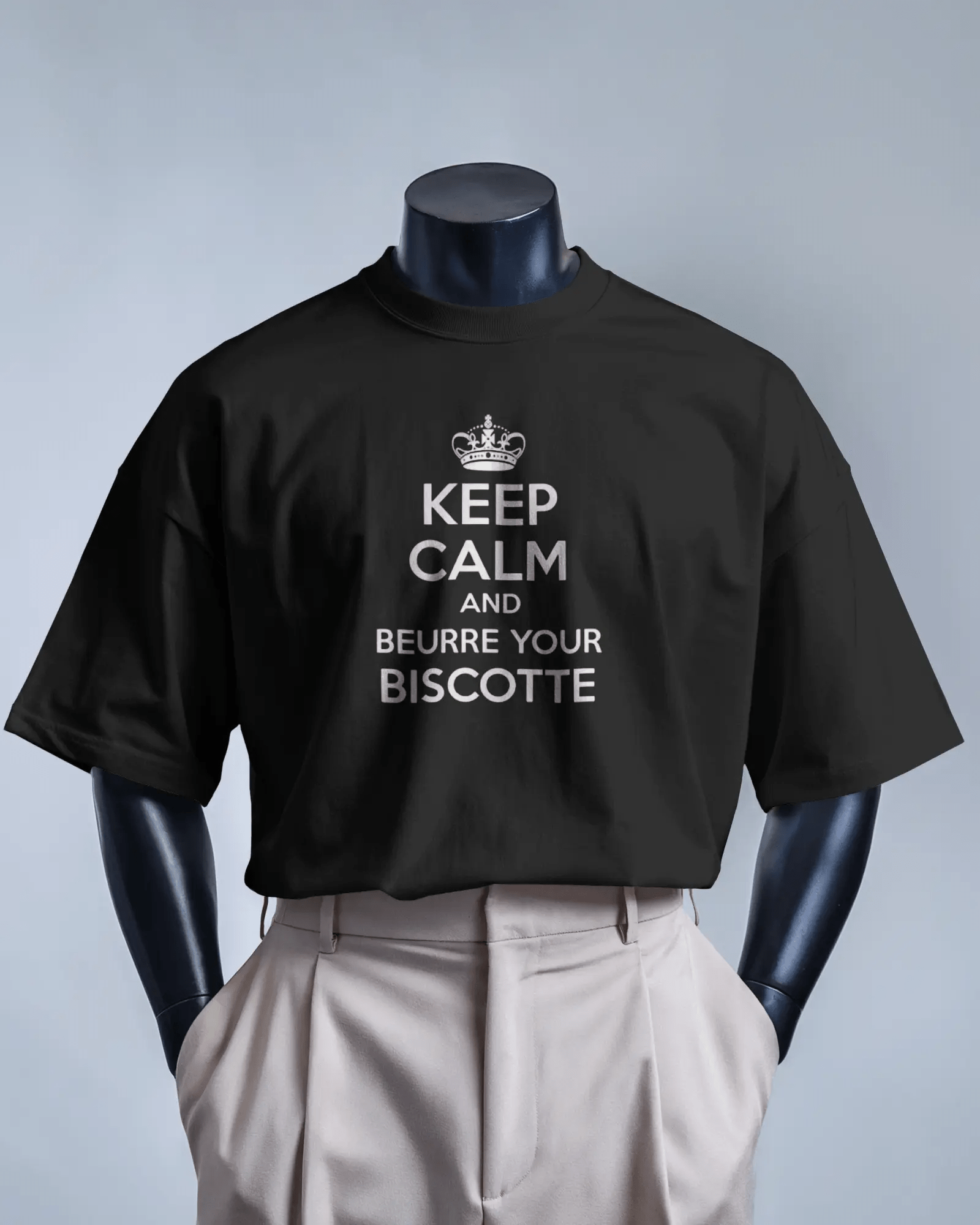 T-shirt OSS 117 – citation “Keep calm and beurre your biscotte” Noir