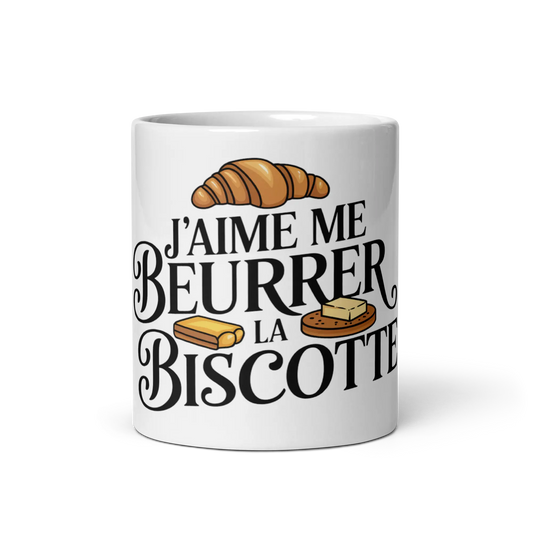 Mug OSS 117 – citation “J’aime me beurrer la biscotte” Blanc