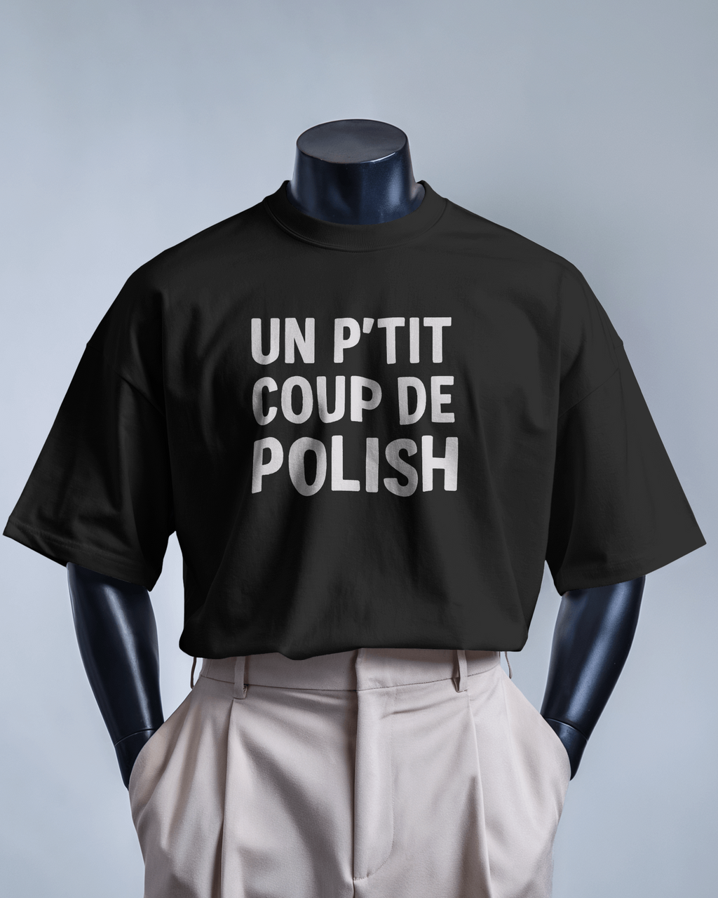 T-shirt noir avec la réplique culte « Un p’tit coup de polish » du cinéma français
