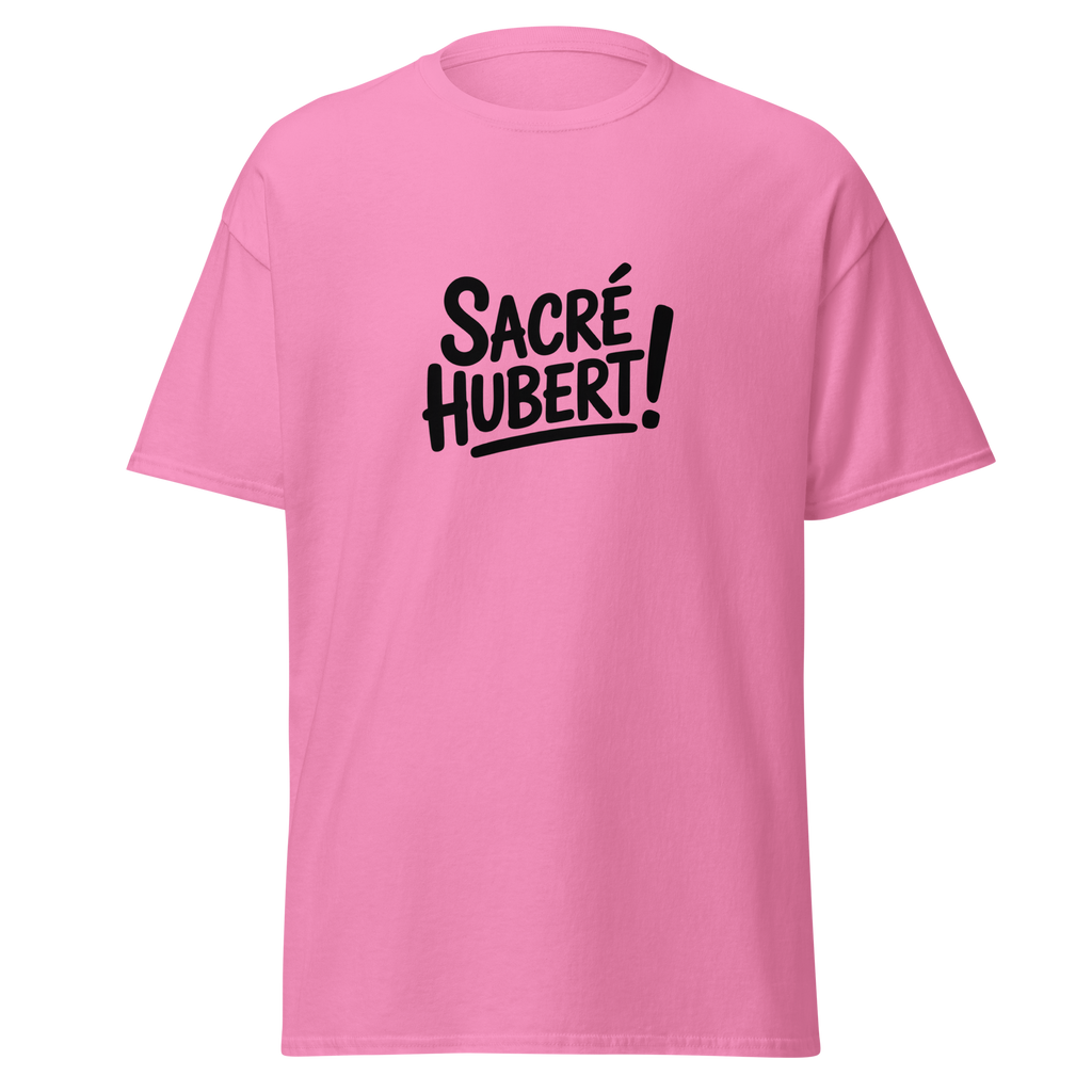 T-shirt unisexe Sacré Hubert ! MerciSidi, design classique avec logo Oss 117 en blanc sur fond azalea.