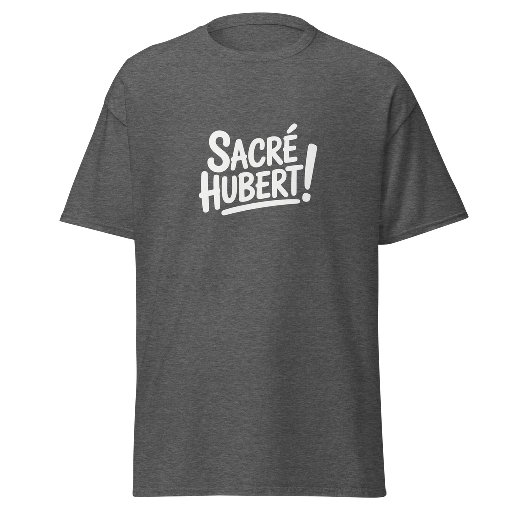 T-shirt homme unisexe Sacré Hubert ! MerciSidi en gris foncé avec impression frontale, style classique et confortable.