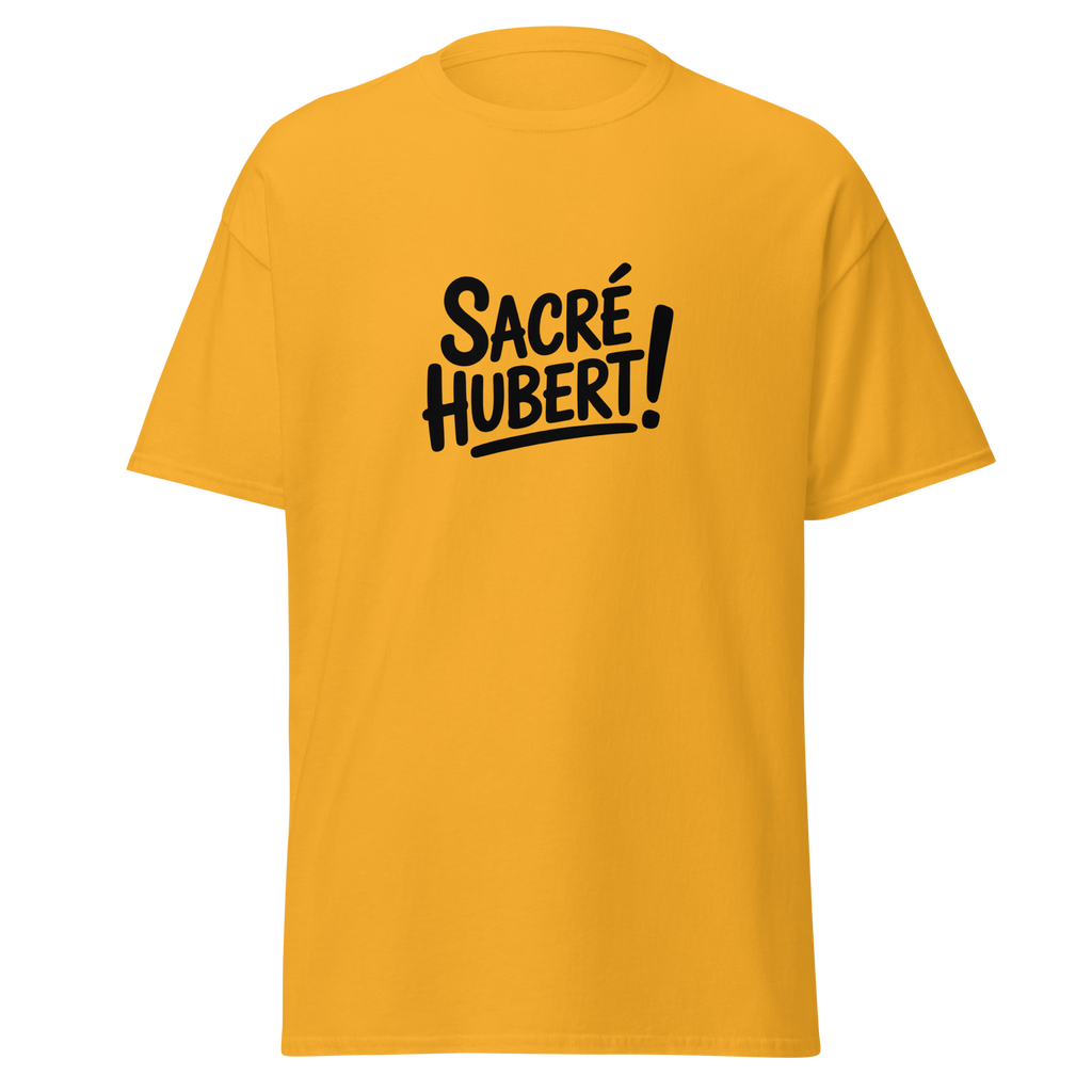 T-shirt unisexe Sacré Hubert ! - Oss 117 de la marque MerciSidi, design classique en or avec impression à l'avant.