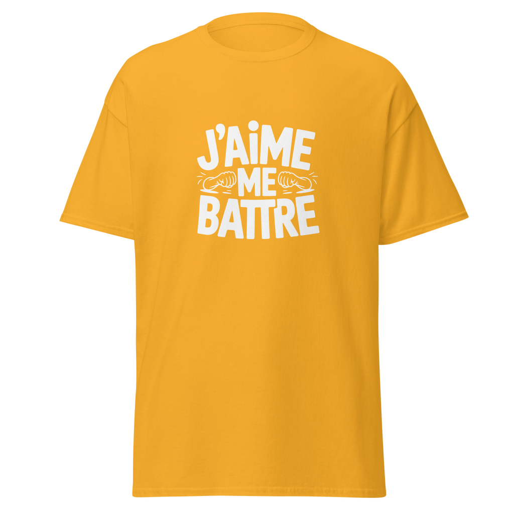 T-shirt unisexe J'aime me battre OSS 117 de la marque MerciSidi, couleur or, vue de face, style classique.