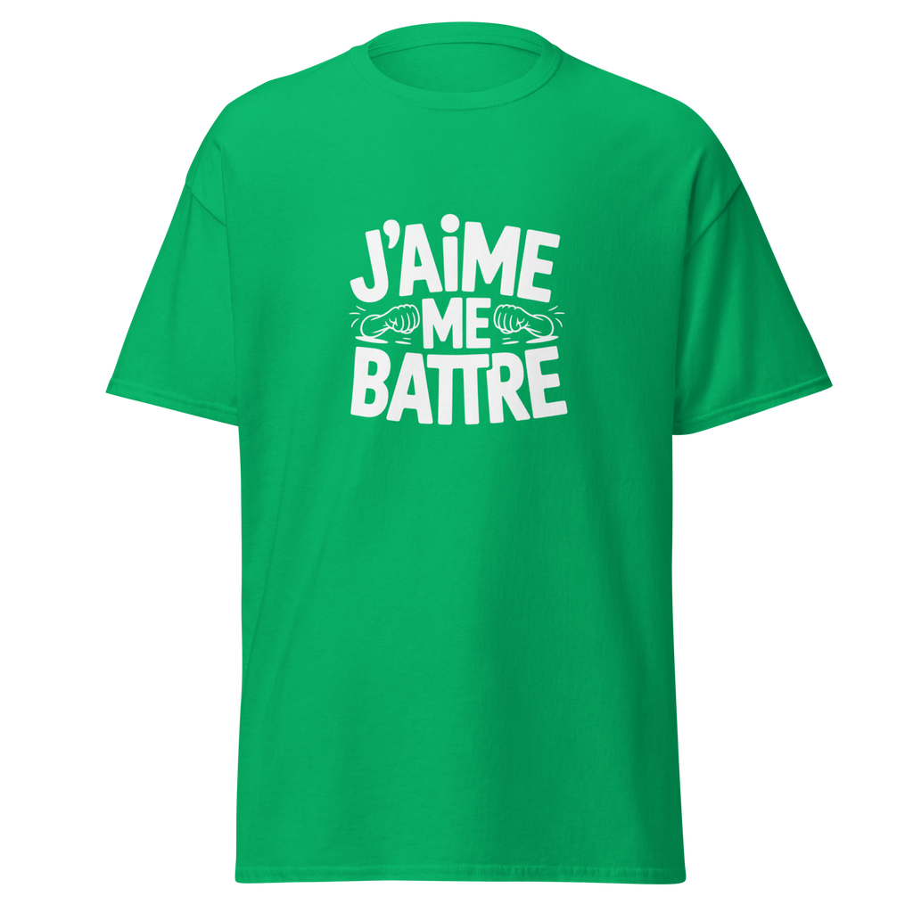 T-shirt unisexe MerciSidi "J'aime me battre" OSS 117, vert irlandais, design classique, vue de face.