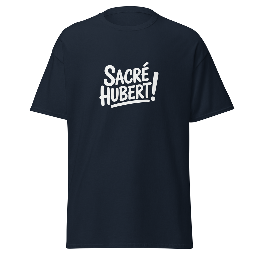 T-shirt unisexe MerciSidi Sacré Hubert ! en bleu marine avec imprimé classique sur le devant.
