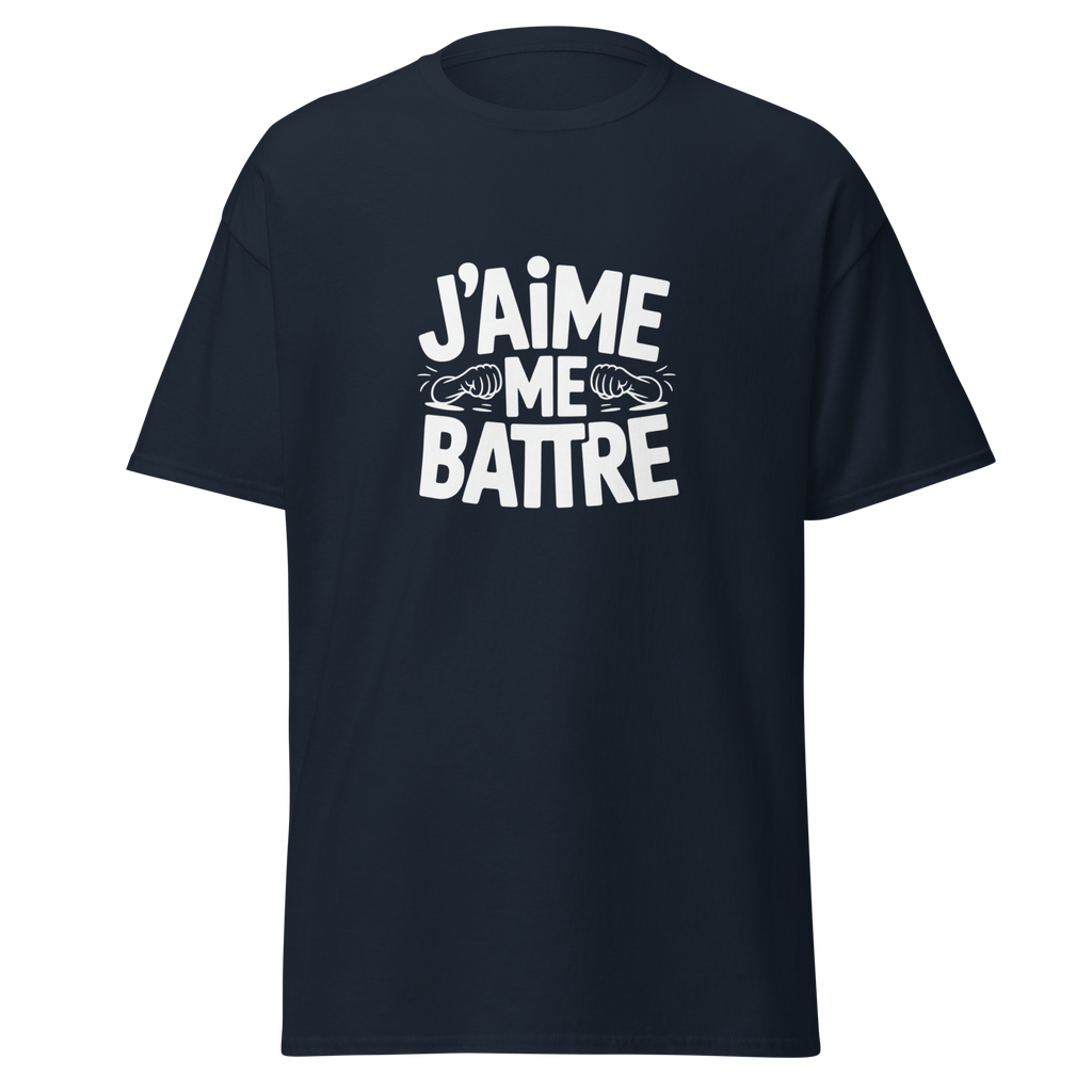 T-shirt unisexe MerciSidi "J'aime me battre" OSS 117 en coton bleu marine, vue de face.