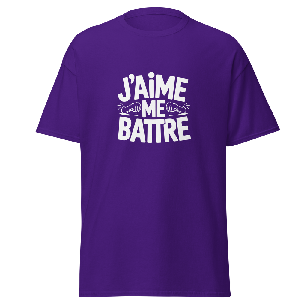 T-shirt unisexe violet "J'aime me battre" OSS 117 de MerciSidi, vue de face, style classique et confortable.