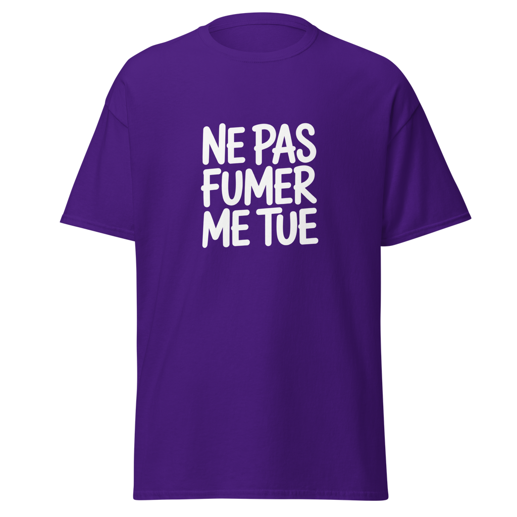 T-shirt unisexe violet "Ne pas fumer me tue" avec logo OSS 117 par MerciSidi, vue de face.