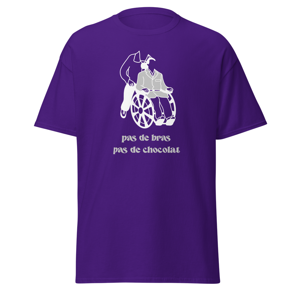 T-shirt unisexe violet MerciSidi "Pas de bras, pas de chocolat" avec motif frontal, style classique et confortable.