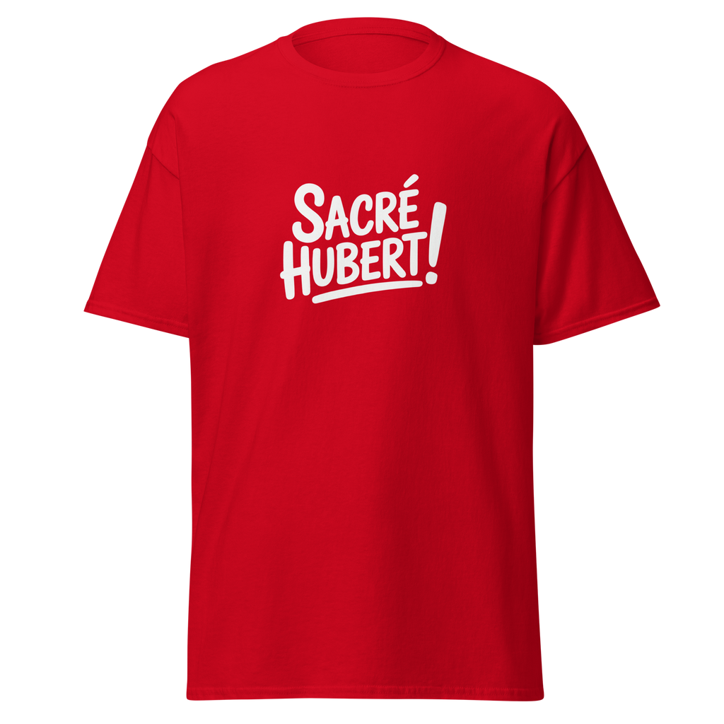 T-shirt unisexe rouge Sacré Hubert! - Oss 117 par MerciSidi, design classique avec logo visible sur le devant.