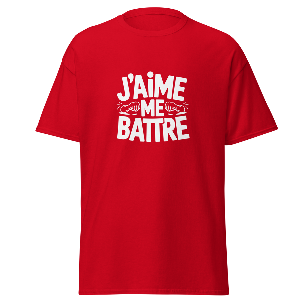 T-shirt unisexe rouge MerciSidi avec motif « J'aime me battre » inspiré d'OSS 117, vue de face.
