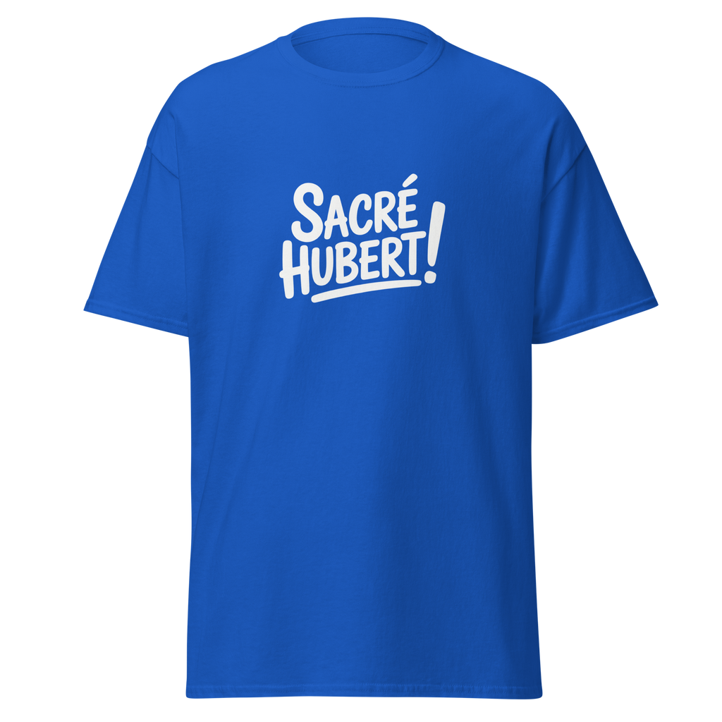 T-shirt unisexe Sacré Hubert ! Oss 117 de la marque MerciSidi, design classique en couleur bleue avec impression à l'avant.